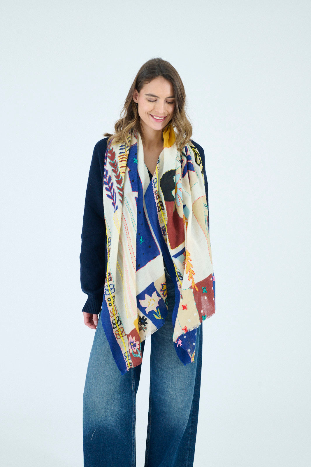 Storiatipic Embroidered Wool Scarf - Blue