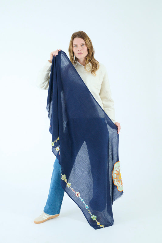 Storiatipic Embroidered Wool Scarf - Marine
