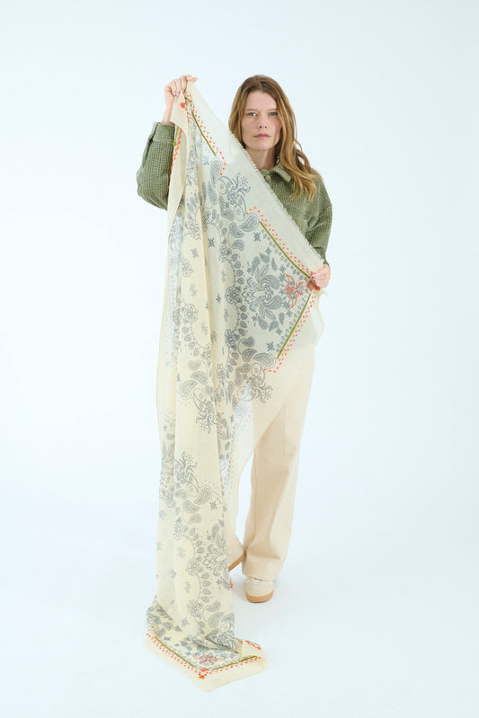 Storiatipic Embroidered Wool Scarf - Bobi Natural