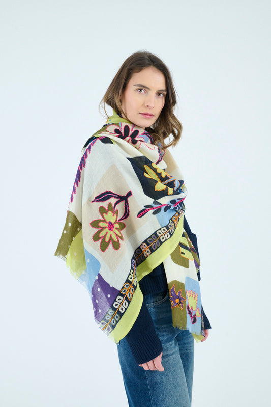 Storiatipic Embroidered Wool Scarf - Anis