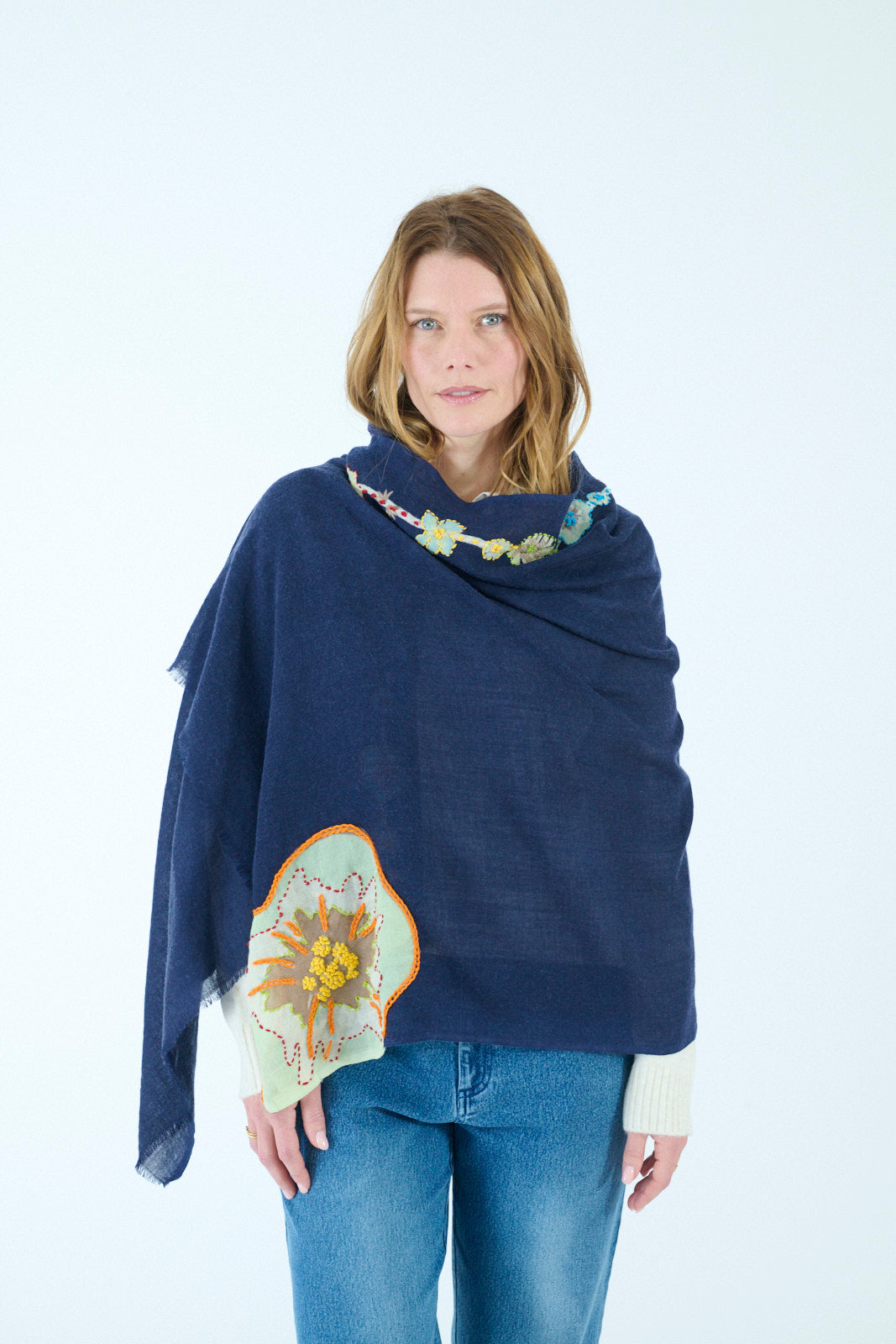 Storiatipic Embroidered Wool Scarf - Marine