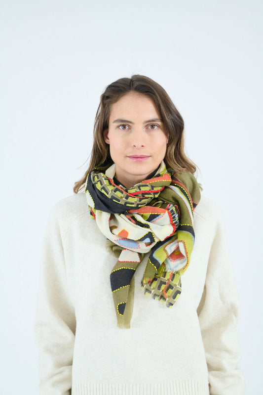 Storiatipic Embroidered Wool Scarf - Kaki