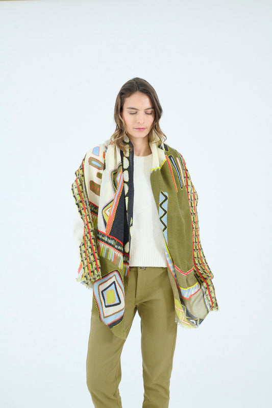 Storiatipic Embroidered Wool Scarf - Kaki