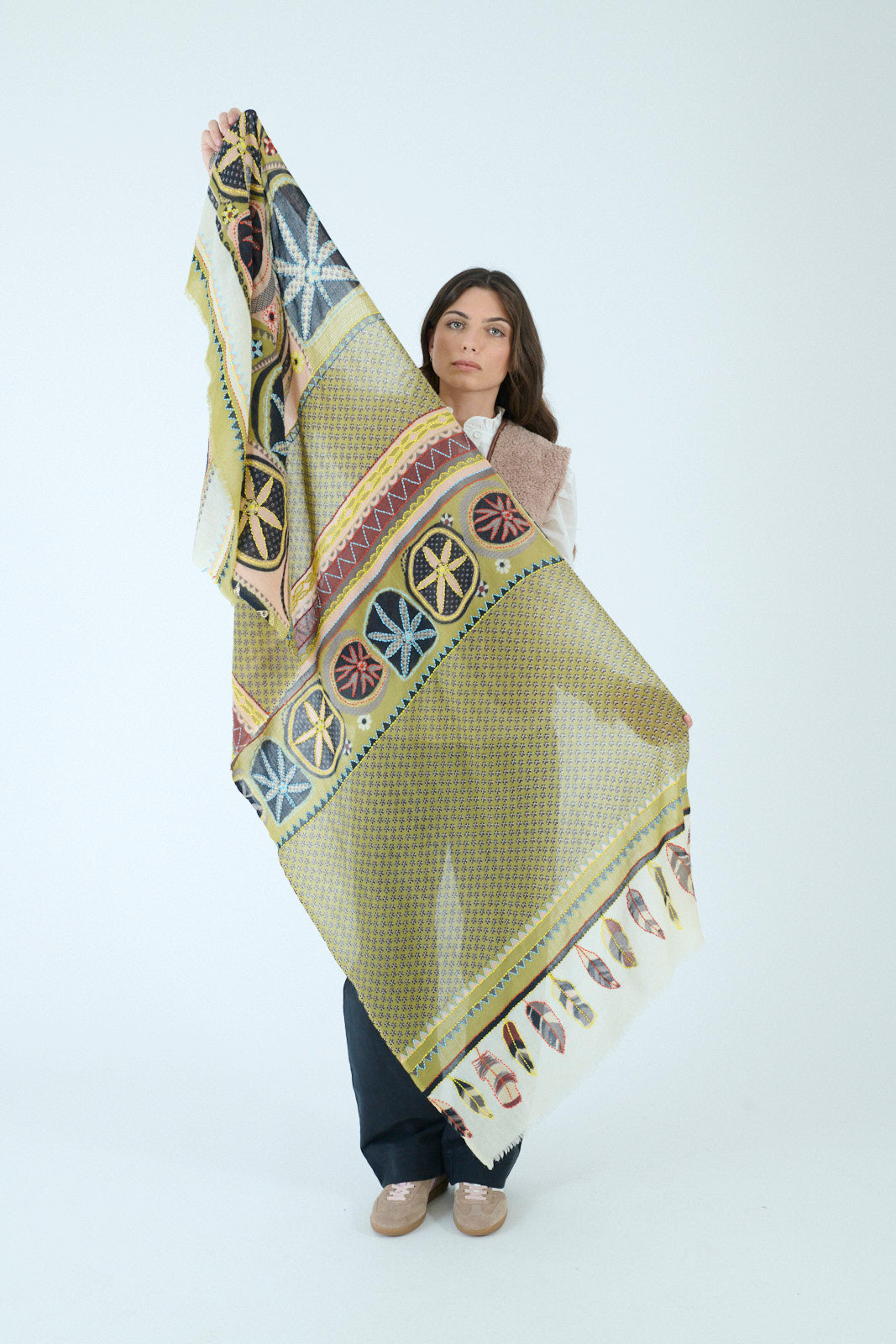 Storiatipic Embroidered Wool Scarf - Athena Kaki