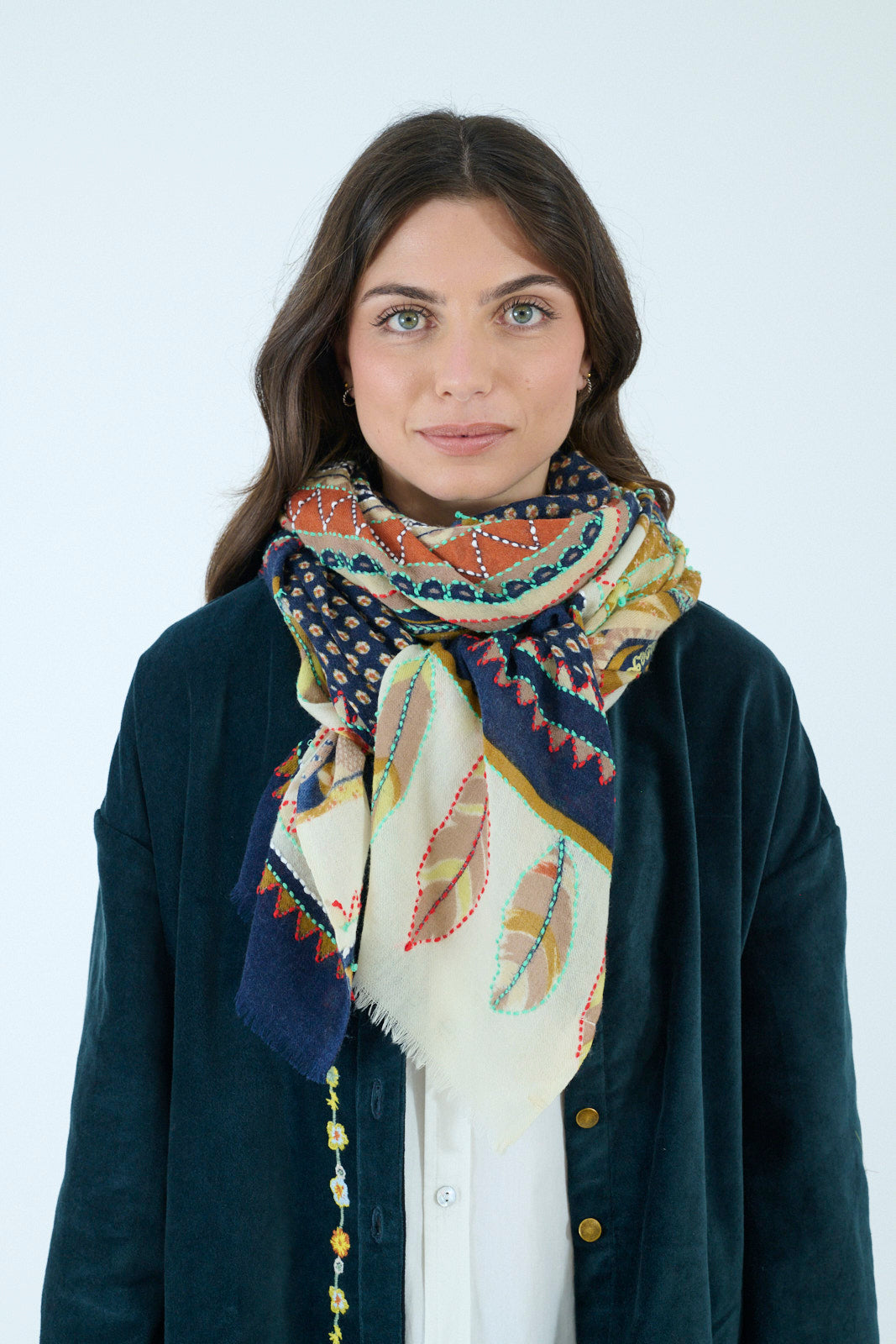 Storiatipic Embroidered Wool Scarf - Athena Marine