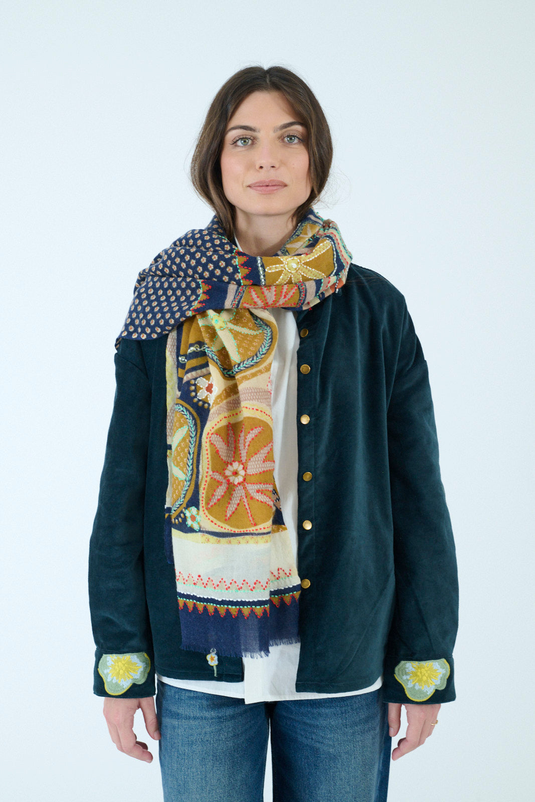 Storiatipic Embroidered Wool Scarf - Athena Marine