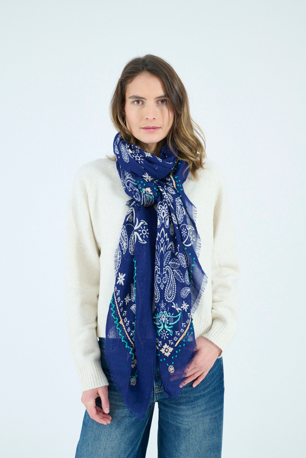 Storiatipic Embroidered Wool Scarf - Bobi Blue