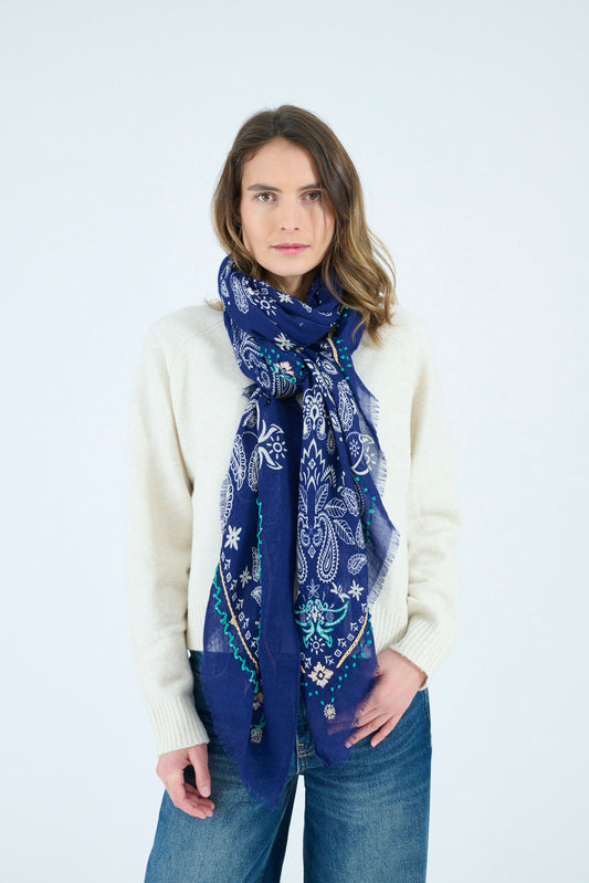Storiatipic Embroidered Wool Scarf - Bobi Blue
