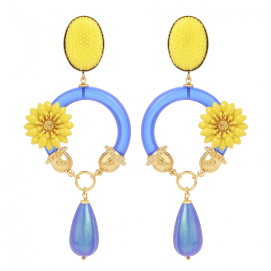 Flower Hoop Stud Earrings - Blue